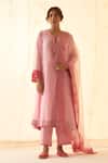 Buy_JANKI INDIA_Pink Chanderi, Organza Embroidery Split V-neck Kurta Set With Dupatta _at_Aza_Fashions