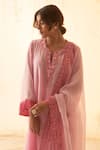 JANKI INDIA_Pink Chanderi, Organza Embroidery Split V-neck Kurta Set With Dupatta _at_Aza_Fashions