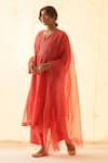JANKI INDIA_Coral Chanderi, Organza Embroidery Keyhole Neck Kurta Set _at_Aza_Fashions