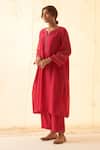Buy_JANKI INDIA_Fuchsia Chanderi, Organza Embroidery Split V-neck Kurta Pant Dupatta Set _Online_at_Aza_Fashions