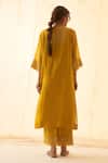 Shop_JANKI INDIA_Yellow Chanderi, Organza Embroidery Split V-neck Tonal Kurta Set _at_Aza_Fashions