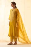 JANKI INDIA_Yellow Chanderi, Organza Embroidery Split V-neck Tonal Kurta Set _at_Aza_Fashions
