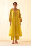 JANKI INDIA_Yellow Chanderi, Organza Embroidery, Sequins Round Neck Kurta Set With Dupatta _Online_at_Aza_Fashions