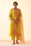 Buy_JANKI INDIA_Yellow Chanderi, Organza Embroidery, Sequins Round Neck Kurta Set With Dupatta _at_Aza_Fashions