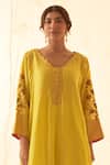 Buy_JANKI INDIA_Yellow Chanderi, Organza Embroidery, Sequins Round Neck Kurta Set With Dupatta _Online_at_Aza_Fashions