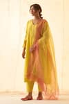 JANKI INDIA_Yellow Chanderi, Organza Embroidery, Sequins Round Neck Kurta Set With Dupatta _at_Aza_Fashions