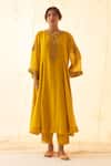 Buy_JANKI INDIA_Yellow Chanderi, Organza Embroidery Round Neck Multicolour Kurta Set _Online_at_Aza_Fashions
