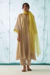 Buy_JANKI INDIA_Ivory Chanderi, Organza Embroidery Split V-neck Kurta Set With Yellow _at_Aza_Fashions