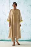 Shop_JANKI INDIA_Ivory Chanderi, Organza Embroidery Split V-neck Kurta Set With Yellow _Online_at_Aza_Fashions