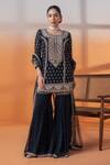 Buy_RAJ ARORA_Blue Organza, Lycra Embroidery, Navy Kundan And Mirror Embellished Kurta Set _at_Aza_Fashions