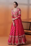 Shop_RAJ ARORA_Pink Silk Mirrors, Zari, Sequins V-neck Hot Gota Patti Anarkali Set _Online_at_Aza_Fashions