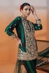 Shop_RAJ ARORA_Green Net Sequins, Zari Mandarin Collar Bottle Silk Kurta Set _Online_at_Aza_Fashions