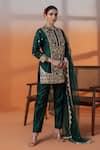 Buy_RAJ ARORA_Green Net Sequins, Zari Mandarin Collar Bottle Silk Kurta Set _at_Aza_Fashions