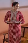RAJ ARORA_Red Velvet Embroidery, Sequins Round Neck Magenta And Mustard Applique Kurta Set _Online_at_Aza_Fashions