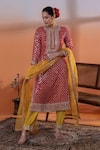 Buy_RAJ ARORA_Red Velvet Embroidery, Sequins Round Neck Magenta And Mustard Applique Kurta Set _at_Aza_Fashions