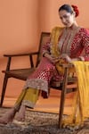 Shop_RAJ ARORA_Red Velvet Embroidery, Sequins Round Neck Magenta And Mustard Applique Kurta Set _Online_at_Aza_Fashions
