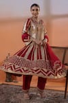 Buy_RAJ ARORA_Red Net Embroidery, Zari Round Neck Dori And Gota Embellished Kurta Set _Online_at_Aza_Fashions