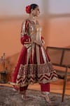 Buy_RAJ ARORA_Red Net Embroidery, Zari Round Neck Dori And Gota Embellished Kurta Set 