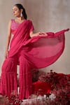 Tarini Vij_Pink Georgette, Silk Beads, Mirrors, Embroidery Pre-draped Sharara Saree Set _at_Aza_Fashions