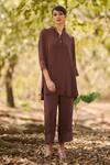 Buy_Nirmooha_Brown Crepe Lace Collared Rustwood Kurta Set _at_Aza_Fashions