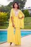 Buy_Aariyana Couture_Yellow Cotton, Silk Tassels, Embroidery V-neck Hand Kaftan And Gharara Set _at_Aza_Fashions