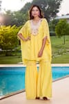 Shop_Aariyana Couture_Yellow Cotton, Silk Tassels, Embroidery V-neck Hand Kaftan And Gharara Set _Online_at_Aza_Fashions