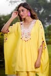 Shop_Aariyana Couture_Yellow Cotton, Silk Tassels, Embroidery V-neck Hand Kaftan And Gharara Set 