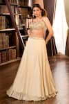 Shop_Aariyana Couture_Gold Tissue Embroidery, Ruffles Sweetheart Neck Hand Lehenga Set _Online