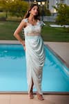 Buy_Aariyana Couture_Blue Modal, Net Embroidery Off-shoulder Draped Corset Maxi Dress 