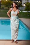 Shop_Aariyana Couture_Blue Modal, Net Embroidery Off-shoulder Draped Corset Maxi Dress 