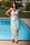 Aariyana Couture_Blue Modal, Net Embroidery Off-shoulder Draped Corset Maxi Dress _Online