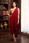Buy_Aariyana Couture_Maroon Crepe Beads One Shoulder Draped Saree Gown _at_Aza_Fashions