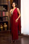 Aariyana Couture_Maroon Crepe Beads One Shoulder Draped Saree Gown _Online_at_Aza_Fashions