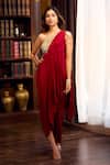 Buy_Aariyana Couture_Maroon Crepe Beads One Shoulder Draped Saree Gown _Online_at_Aza_Fashions