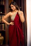 Shop_Aariyana Couture_Maroon Crepe Beads One Shoulder Draped Saree Gown _Online_at_Aza_Fashions