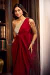 Aariyana Couture_Maroon Crepe Beads One Shoulder Draped Saree Gown _at_Aza_Fashions