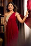 Buy_Aariyana Couture_Maroon Crepe Beads One Shoulder Draped Saree Gown 