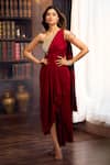 Shop_Aariyana Couture_Maroon Crepe Beads One Shoulder Draped Saree Gown 