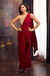 Aariyana Couture_Maroon Crepe Beads One Shoulder Draped Saree Gown _Online