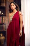 Buy_Aariyana Couture_Maroon Crepe Beads One Shoulder Draped Saree Gown _Online