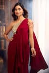 Shop_Aariyana Couture_Maroon Crepe Beads One Shoulder Draped Saree Gown _Online
