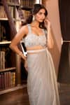 Buy_Aariyana Couture_Gray Tulle, Modal, Satin Embroidery, Pearls Grey Hand Pre-draped Saree Set 