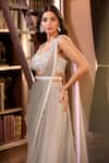 Shop_Aariyana Couture_Gray Tulle, Modal, Satin Embroidery, Pearls Grey Hand Pre-draped Saree Set 