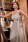 Aariyana Couture_Gray Tulle, Modal, Satin Embroidery, Pearls Grey Hand Pre-draped Saree Set _Online