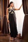 Buy_Aariyana Couture_Black Crepe, Tulle Embroidery Boat Neck Hand Saree Gown _at_Aza_Fashions