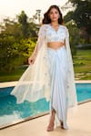 Aariyana Couture_Blue Modal, Satin Applique V-neck Embroidered Baby Cape Bustier Skirt Set _Online_at_Aza_Fashions