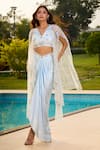Aariyana Couture_Blue Modal, Satin Applique V-neck Embroidered Baby Cape Bustier Skirt Set _at_Aza_Fashions