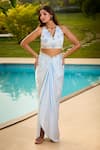 Buy_Aariyana Couture_Blue Modal, Satin Applique V-neck Embroidered Baby Cape Bustier Skirt Set _Online