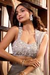 Aariyana Couture_Gray Tulle, Modal, Satin Embroidery, Pearls Grey Hand Pre-draped Saree Set 
