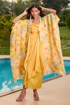 Aariyana Couture_Yellow Silk V-neck Draped Chanderi Tunic And Cape Set _Online_at_Aza_Fashions